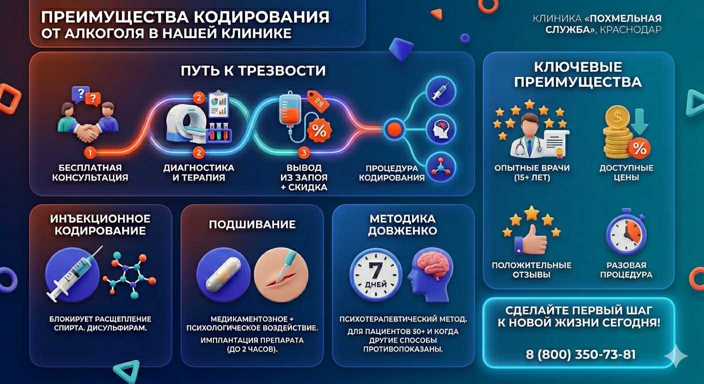 Инфографика о методах кодирования от алкоголя в Прасковее: инъекции, подшивание, метод Довженко. Преимущества клиники и этапы лечения.
