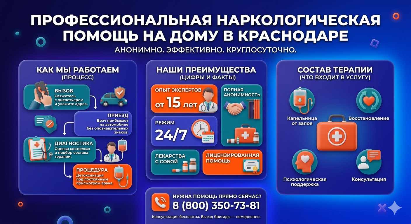 Инфографика о принципах лечения алкоголизма на дому в Прасковее: этапы вызова нарколога, преимущества анонимной детоксикации и состав медицинской помощи.